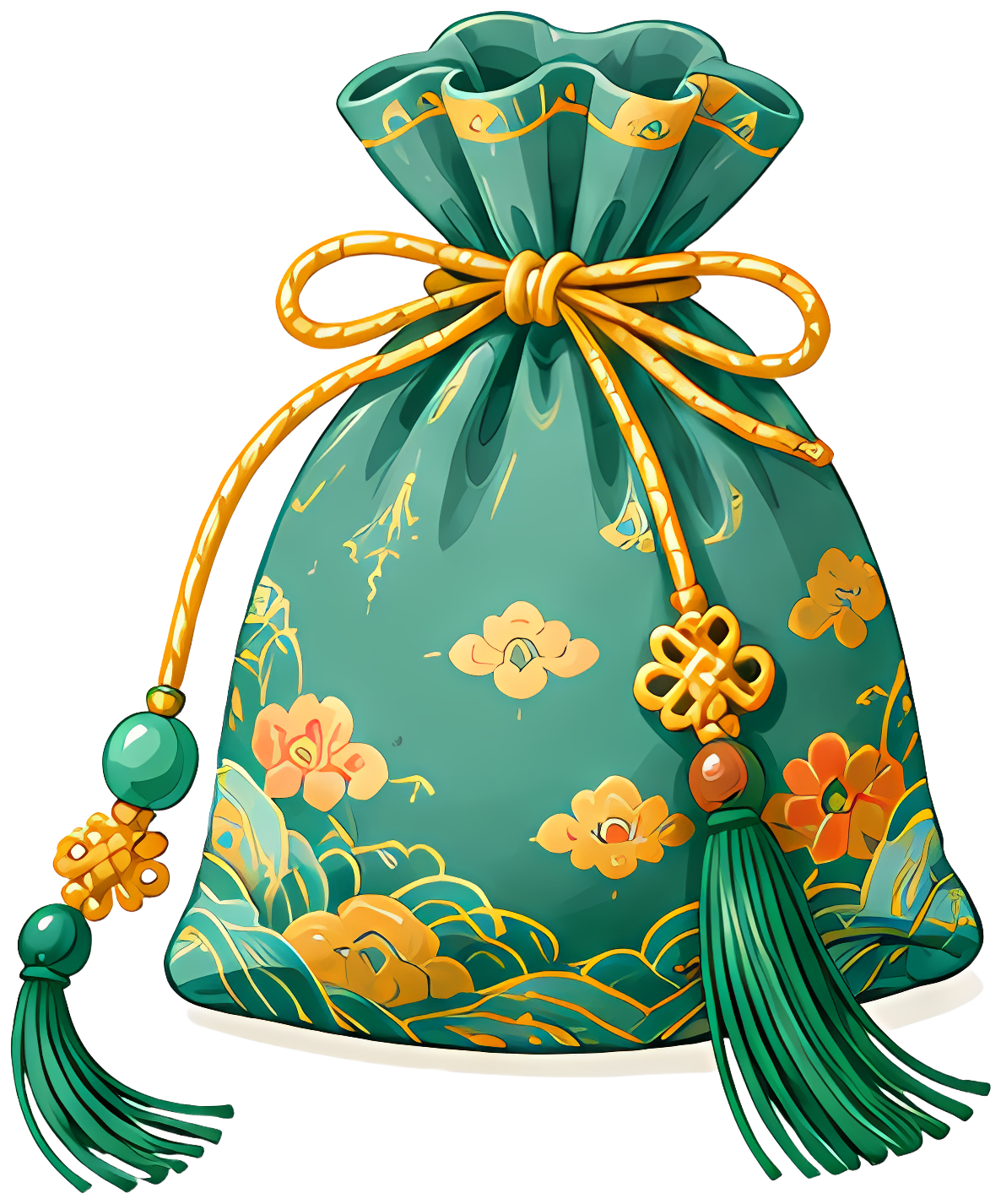 green fabric bag golden drawstring floral pattern tassel decoration traditional Chinese