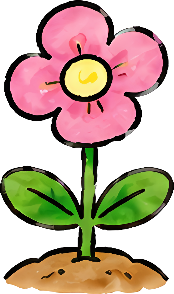 pink flower yellow center green leaves stem soil creative hand-drawn cute