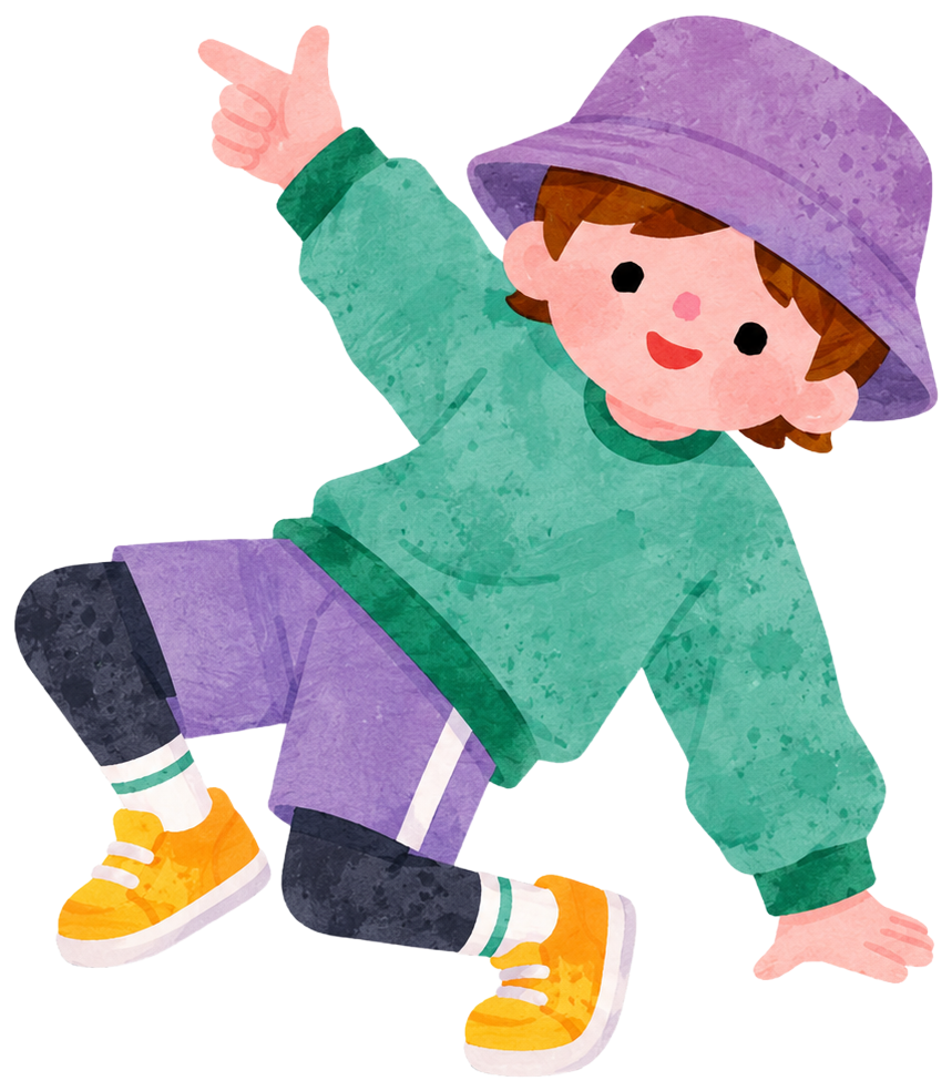 child purple hat green sweater sneakers crouching pose Person Types Character Shoes Accessories clothing dance dancing dancer dance training person people children illustration street dance