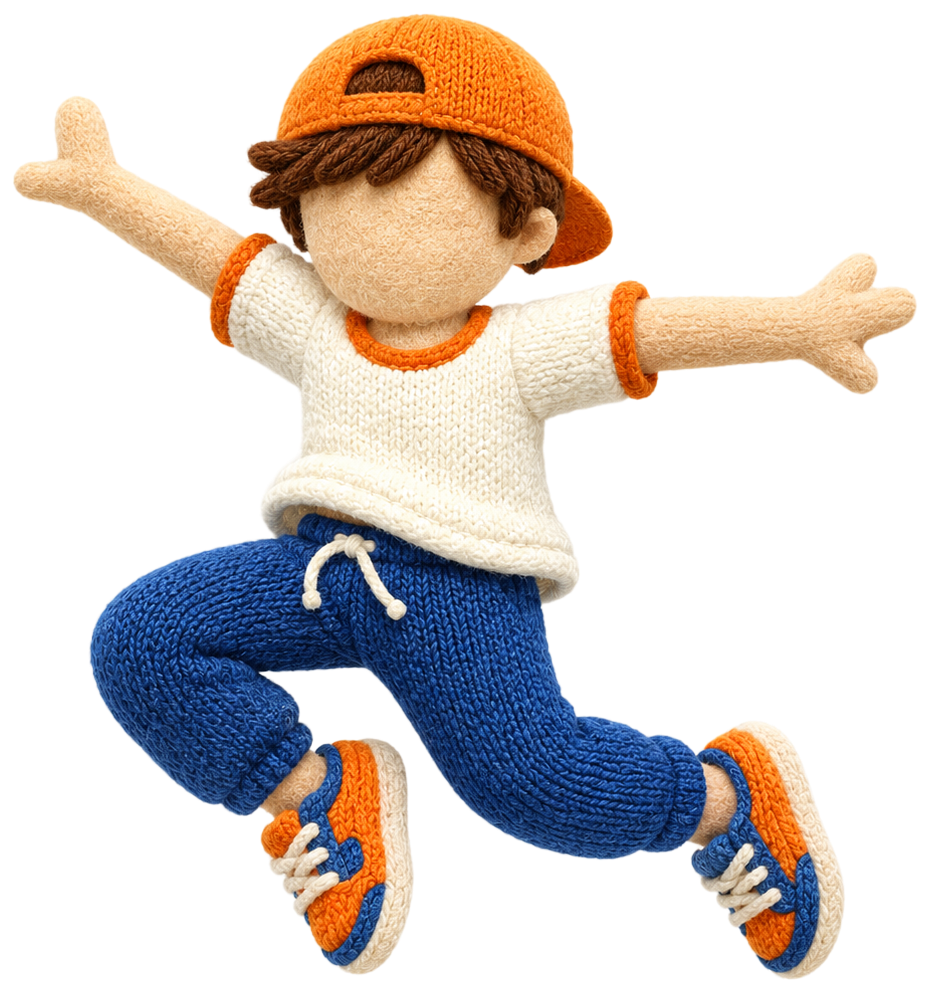 boy jumping orange cap white t-shirt blue pants Action Character dance dancing dancer dance training character person child children puppet yarn style