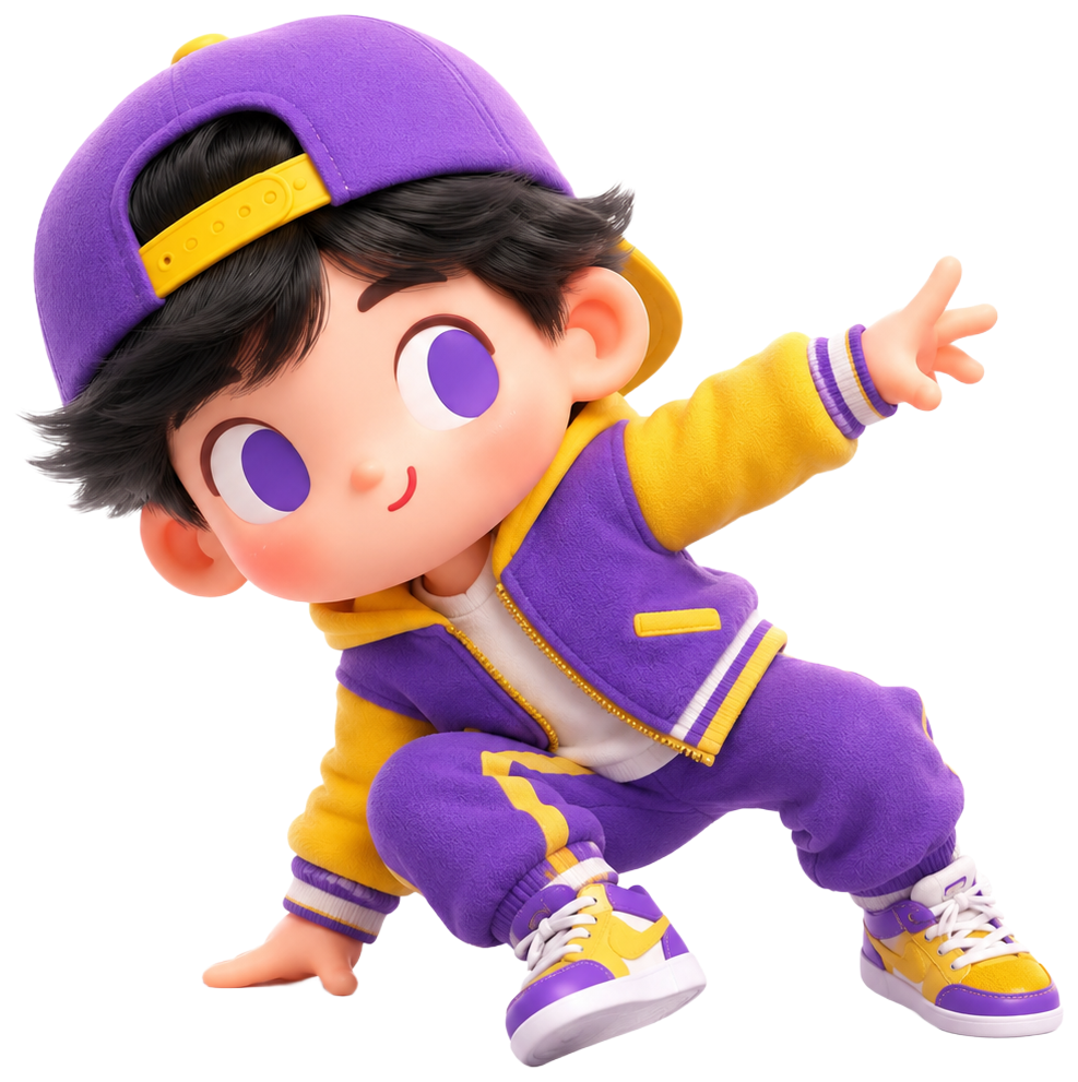 cartoon character purple cap yellow jacket action pose 3D render Styles & Formats Character Art & Design dance dancing dancer dance training person people children cute POP MART