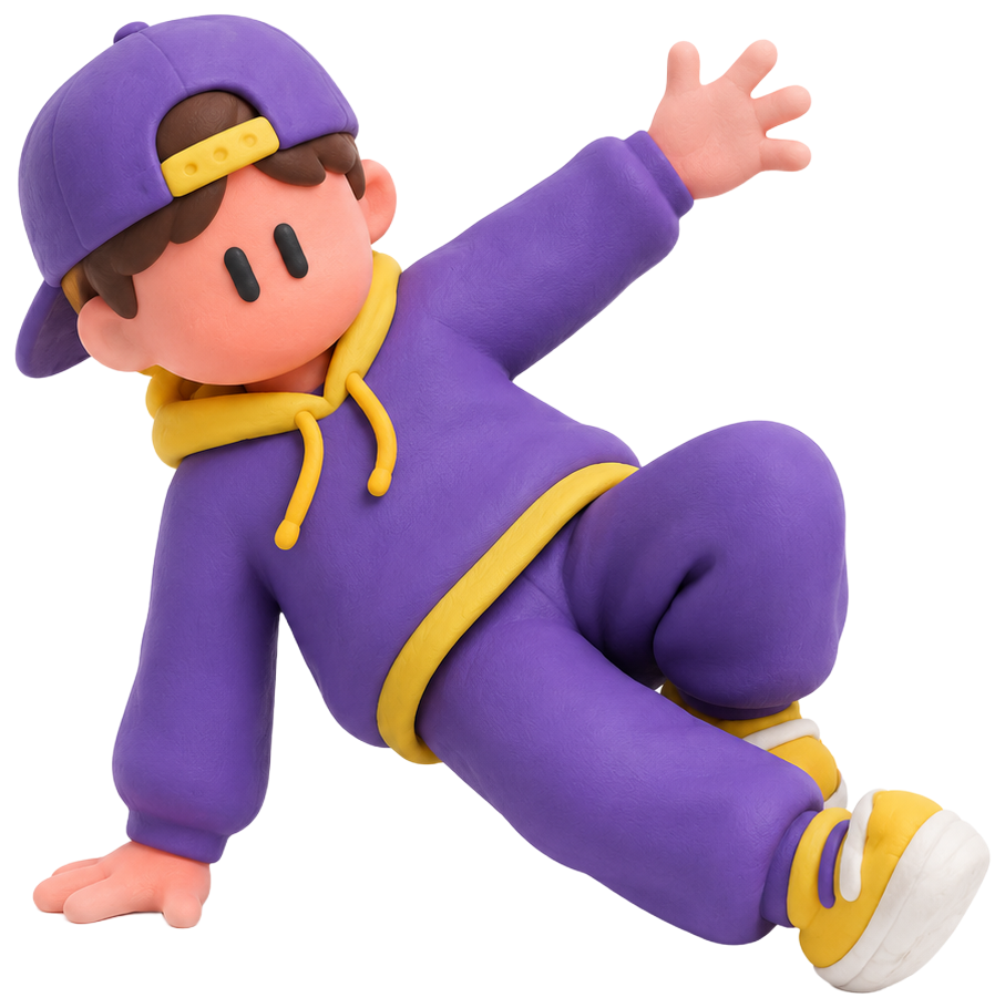 purple hoodie yellow drawstrings baseball cap skateboarding pose cartoon style Hats Accessories clothing Character dance dancing dancer dance training character person claymation style