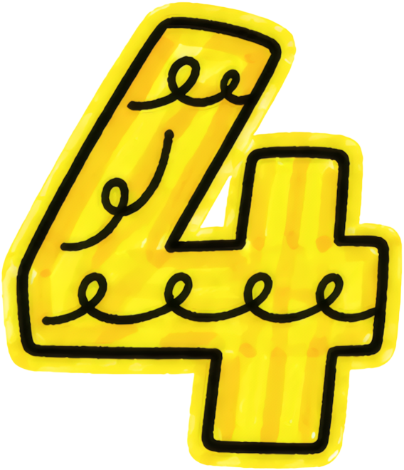 number four yellow hand-drawn style thick lines cartoon number 4 hand-drawn
