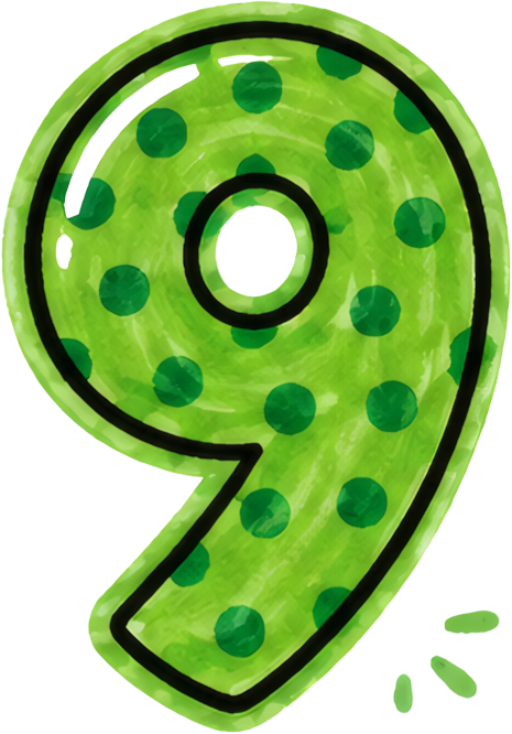 number nine green polka dots hand-drawn style children's illustration cartoon number