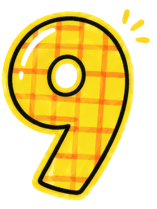 number nine yellow plaid cartoon style glow effect thick border number 9 cartoon hand-drawn