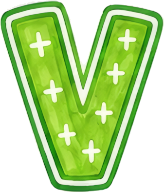 green letter V plus signs cartoon style children's education letters hand-drawn cartoon