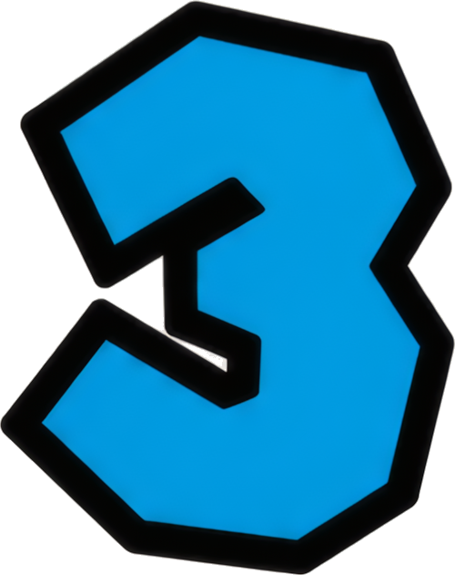 number three blue bold cartoon style black outline Super Mario Mario-style numbers cartoon 3