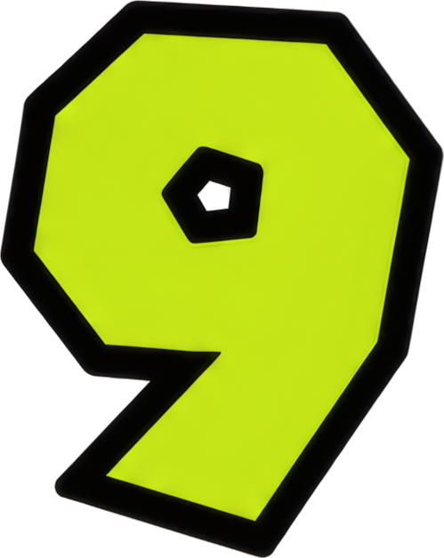 number nine green graphic bold black border cartoon style octagonal Super Mario Mario-style numbers cartoon 9