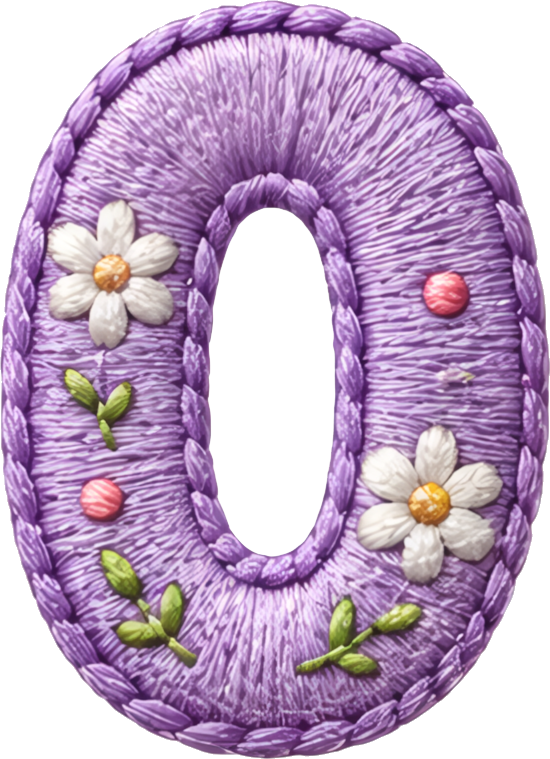 purple embroidery number zero small flowers green leaves Fabric/Textile texture Handcrafted Patterns Patterns number fabric art 