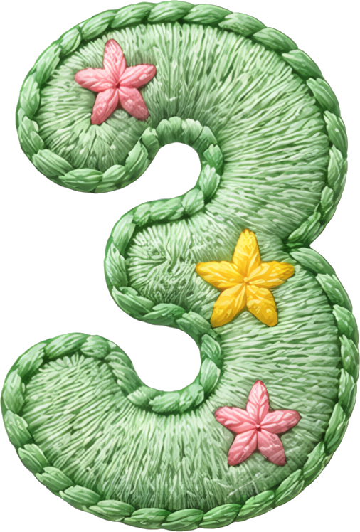 number three green embroidery pink starfish yellow starfish 3D stitching number fabric art 3