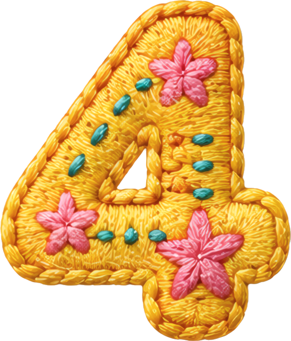 number four embroidery style pink stars green dots yellow background number fabric art 4