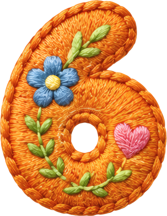 number six embroidery style blue flower green vine pink heart number fabric art 6