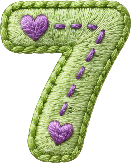 number seven green embroidery purple hearts dashed lines handmade style number fabric art 7