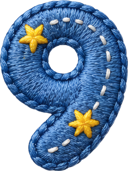 number nine blue fabric yellow stars stitched decoration handmade texture number fabric art 9