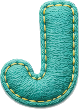 letter J teal color stitched border 3D texture craft style letters English letters embroidery fabric art