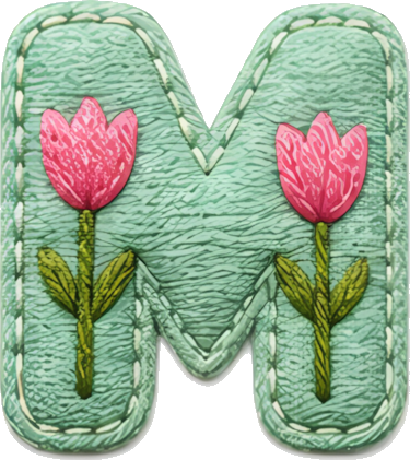letter M pink tulip green background embroidery style decorative pattern letters English letters embroidery fabric art