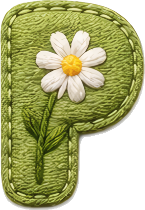 letter P daisy green background embroidered style craft Flowers Plants letters English letters embroidery fabric art