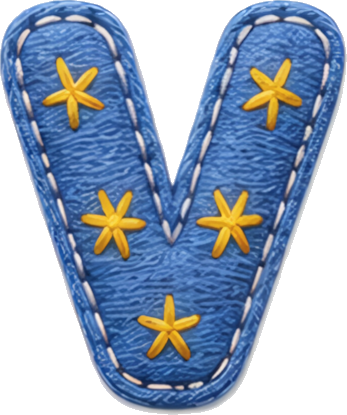 letter V blue fabric yellow stars stitched border embroidered style letters English letters embroidery fabric art