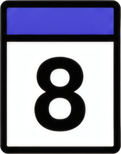 calendar number 8 blue header white background black font 8