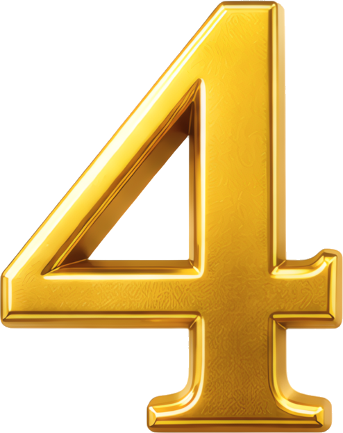 gold number four 3D glossy three-dimensional metallic numeral 4