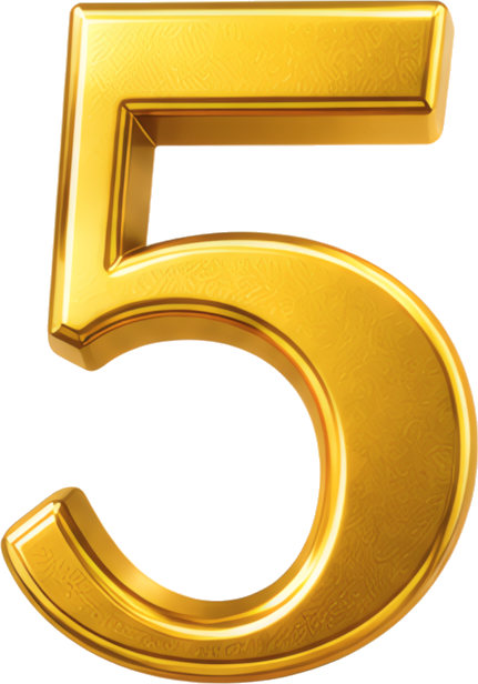 gold number five 3D glossy three-dimensional metallic numeral 5