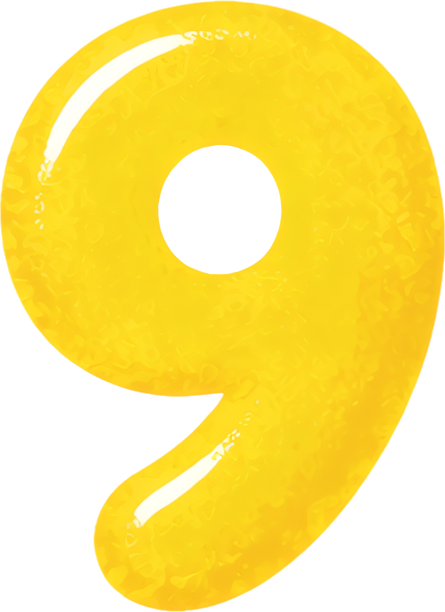 number nine yellow cartoon style circular hole smooth texture numbers hand-drawn watercolor 9