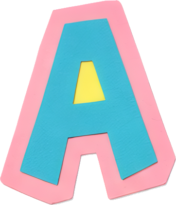 letter A pink border cyan fill yellow triangle cartoon style Alphabet English letters paper-cut style