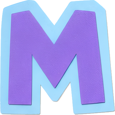purple letter M 3D effect light blue border cartoon style Alphabet English letters paper-cut style