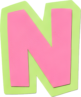 pink letter N green border cartoon style hand-drawn Alphabet English letters paper-cut style