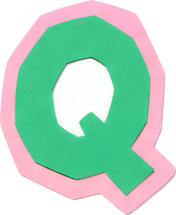green letter Q pink border cartoon style circular design hand-drawn texture Alphabet English letters paper-cut style