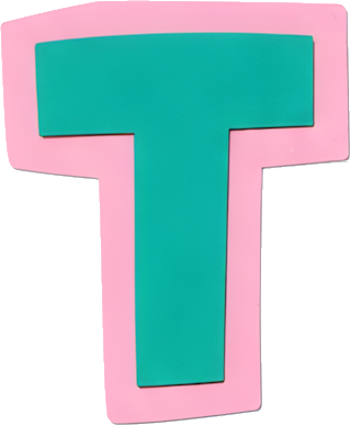 letter T cyan pink border bold font graphic logo Alphabet English letters paper-cut style