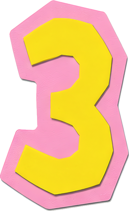 number three yellow pink border cartoon style 3D effect Numbers paper-cut style 3