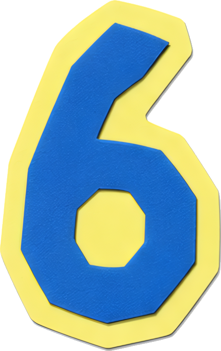 number six blue yellow border cartoon style 3D effect Numbers paper-cut style 6