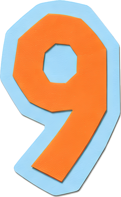 number nine orange light blue border cartoon style geometric shape Numbers paper-cut style 9