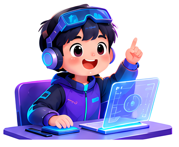 gaming boy headphones purple jacket laptop computer thumbs-up gesture