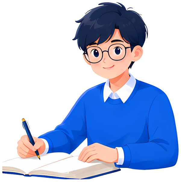 student glasses blue sweater writing notebook Occupation Character Accessories clothing Action blue