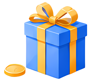 gift box blue yellow ribbon bow gold coin