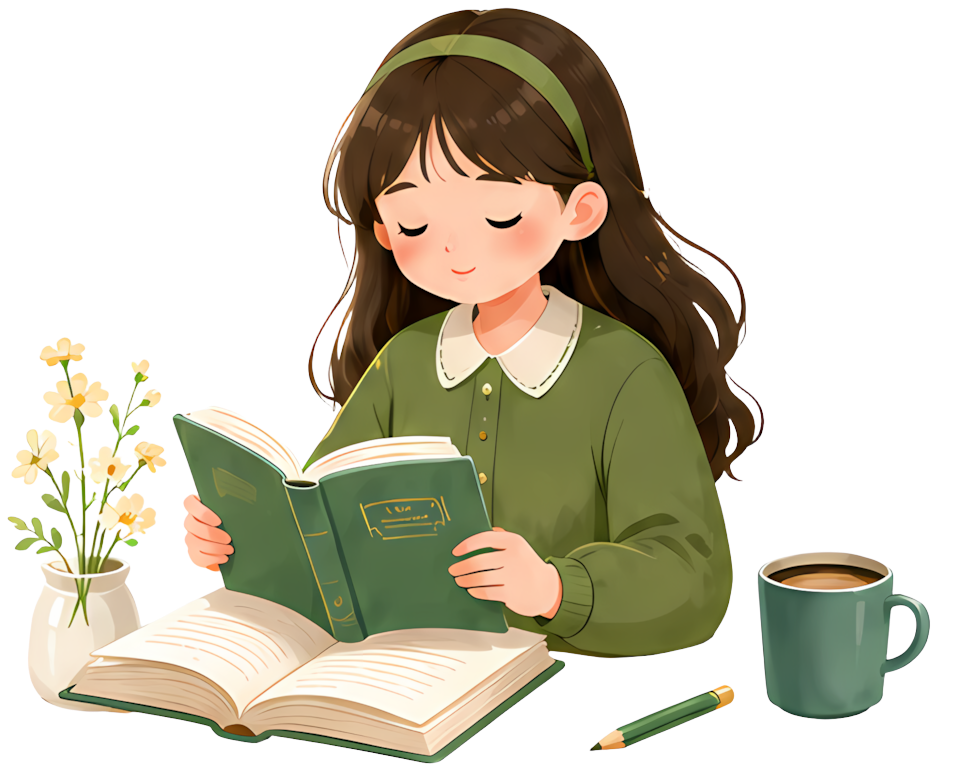 girl reading book coffee flowers Action Character Life Scenes Beverages food plant