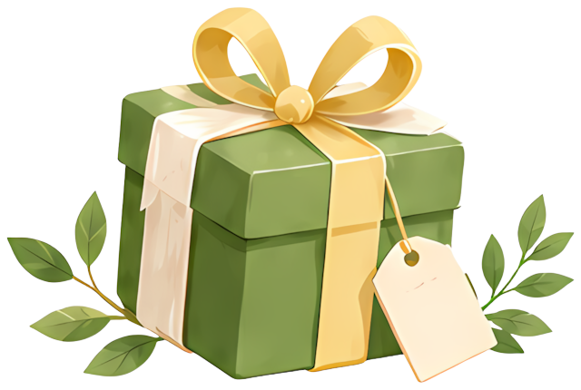 green gift box gold bow tag label leaf decoration festive present