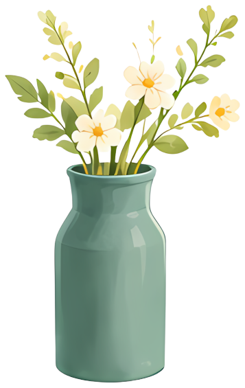 celadon vase white small flowers green leafy plant floral arrangement minimalist style