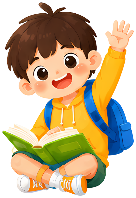 boy reading raising hand backpack smiling emoji