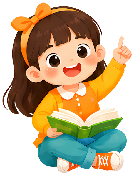 little girl reading raising hand orange top blue pants