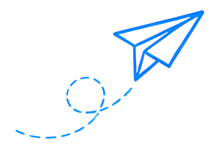 paper airplane black vertical bar blue line dashed trajectory hand-drawn style