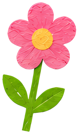 pink flower yellow center green stem and leaves cartoon style hand-drawn texture