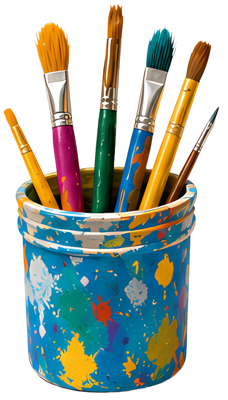 paintbrushes paint cup art supplies children's art colorful splatters