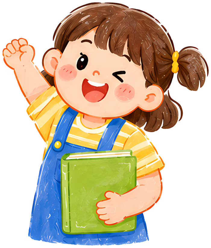 little girl raising hand smiling book overalls emoji
